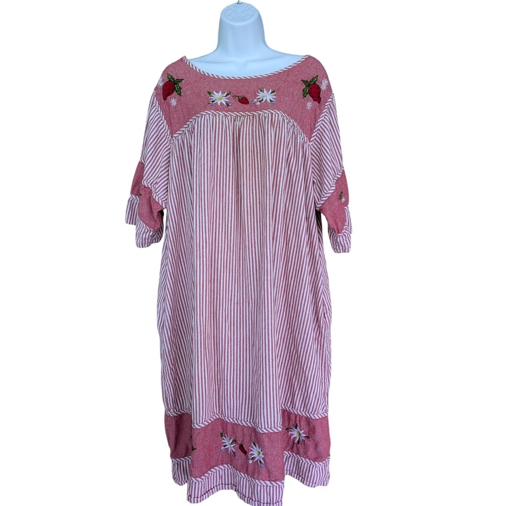 Boho Floral Embroidered Prairie Dress Red White Stripe Cottagecore Peasant Midi